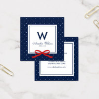 Modern Blue White Polka Dot Red Ribbon Monogram Square Business Card