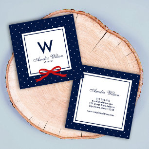Modern Blue White Polka Dot Red Ribbon Monogram Square Business Card