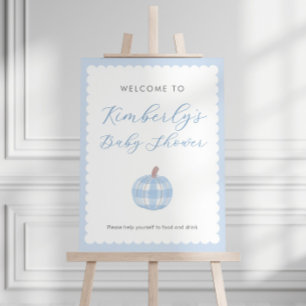 Modern Blue White Pumpkin Baby Shower Welcome Sign