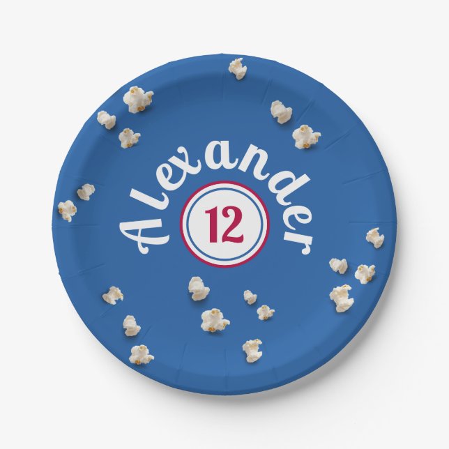 Modern Blue White Red Popcorn Cinema Boy Party Paper Plates (Front)