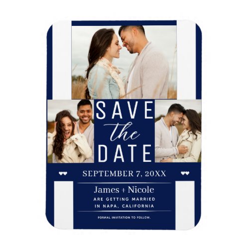 Modern Blue  White Save the Date 3 Photo Wedding  Magnet