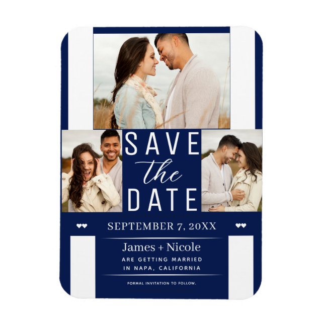 Modern Blue & White Save the Date 3 Photo Wedding  Magnet (Vertical)
