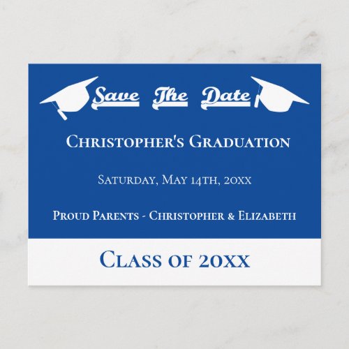 Modern Blue White Save The Date Graduation Cap Announcement Postcard