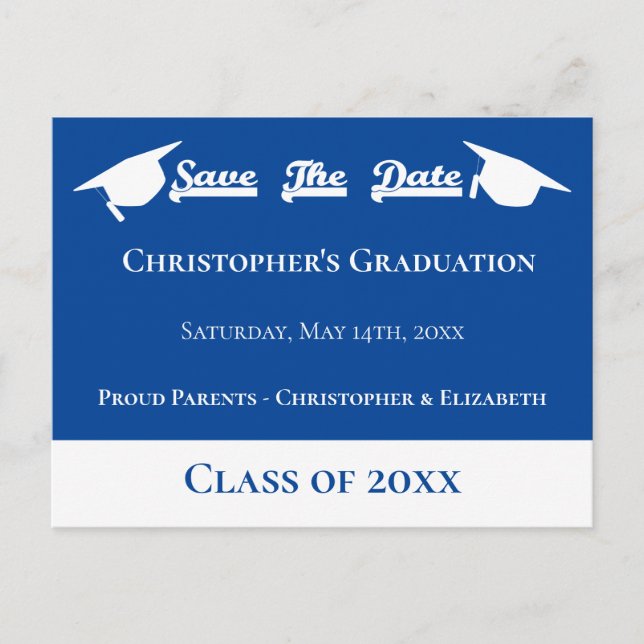 Modern Blue White Save The Date Graduation Cap Announcement Postcard (Front)