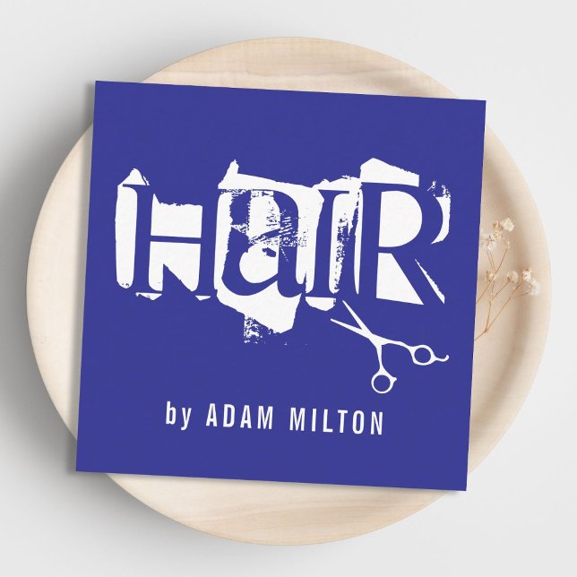 Modern Blue White Scissors Hair Stylist Square Business Card (Creator Uploaded)