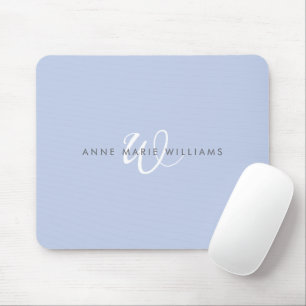 Modern Blue White Script Monogram Mouse Pad