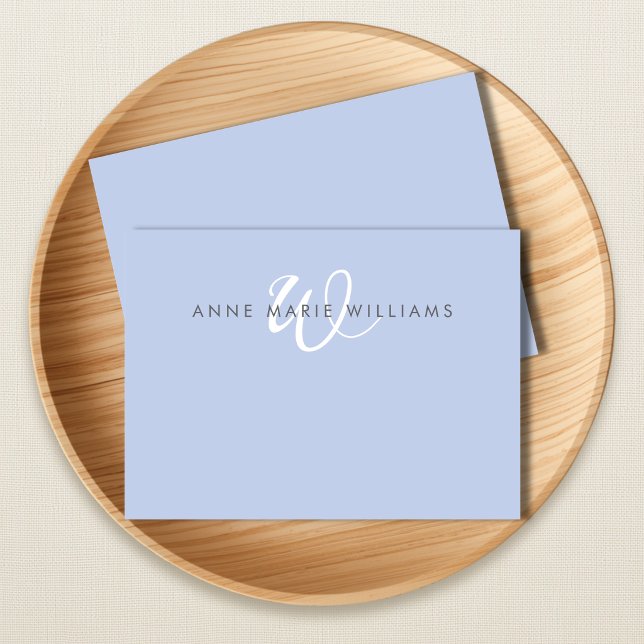 Modern Blue White Script Monogram Note Card (Creator Uploaded)