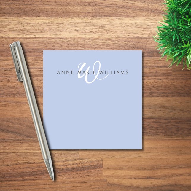 Modern Blue White Script Monogram Post-it Notes (Creator Uploaded)