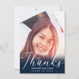Modern Blue White Script Photo Blue Graduation Thank You Card