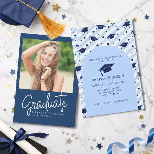 Modern Blue White Script Photo Graduation Party Invitation
