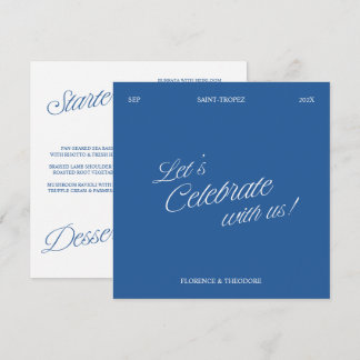 Modern Blue & White Script Wedding Menu Card