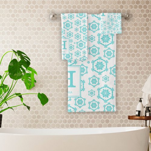 Modern Blue White Snowflake Pattern Monogram Bath Towel Set