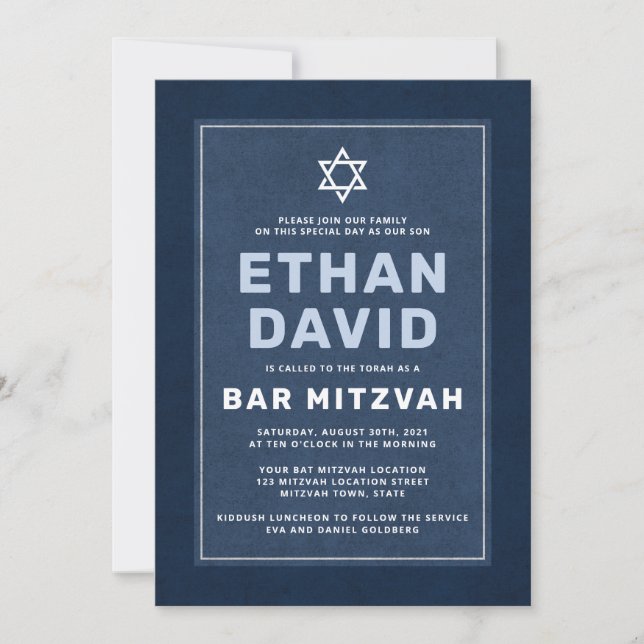 Modern blue white Star of David bar mitzvah Invitation (Front)