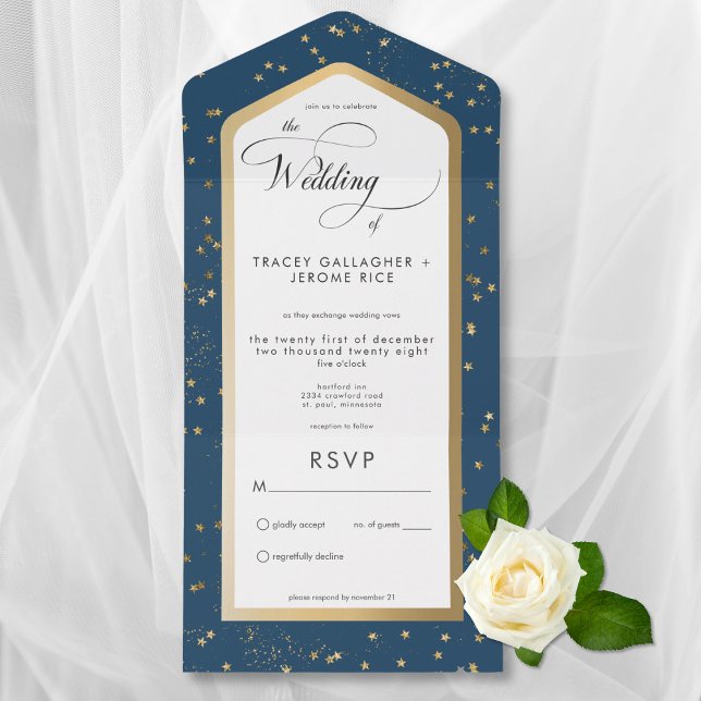Modern Blue & White Starry Gold No Dinner All In One Invitation (Modern Blue & White Starry Gold All In One Wedding Invitation without Dinner Options)