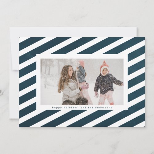 Modern Blue  White Stripe Candy Cane Frame Photo Holiday Card