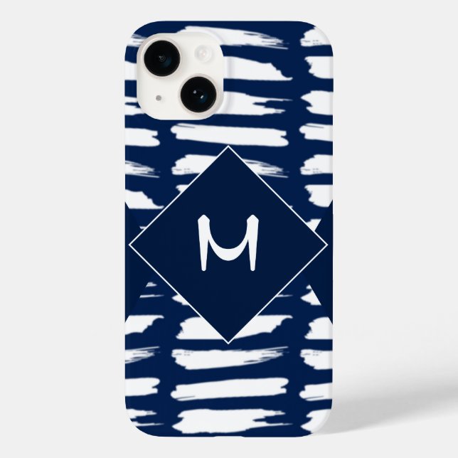Modern Blue White Stripe Monogram Custom Case-Mate iPhone Case (Back)