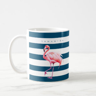 Modern Blue White Stripe Pink Flamingo Custom Name Coffee Mug