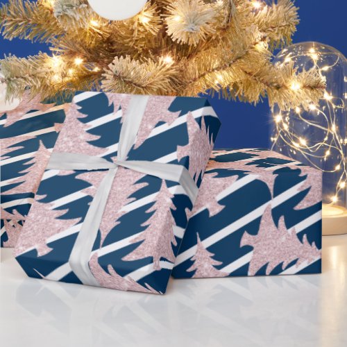 Modern Blue White Stripe Rose Gold Christmas Tree Wrapping Paper