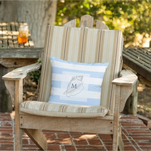 Modern blue white stripes family monogrammed beach outdoor pillow