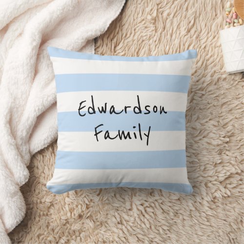 Modern blue white Stripes family name beach Throw Pillow