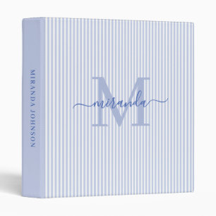 Modern Blue & White Stripes Monogram Name 3 Ring Binder