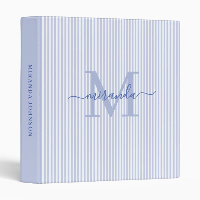 Modern Blue & White Stripes Monogram Name 3 Ring Binder (Front/Spine)