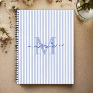 Modern Blue & White Stripes Monogram Name Notebook