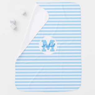 Modern Blue White Stripes Monogram Warm Cozy Soft Baby Blanket