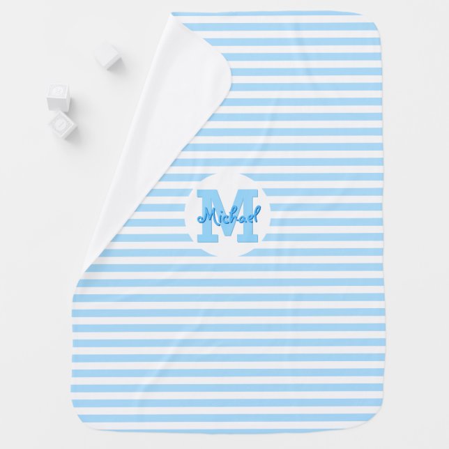 Modern Blue White Stripes Monogram Warm Cozy Soft Baby Blanket (In Situ)