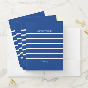 Modern Blue & White Stripes Name & Subject Custom Pocket Folder