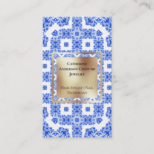 Modern blue white tiles gold square mediterranean business card