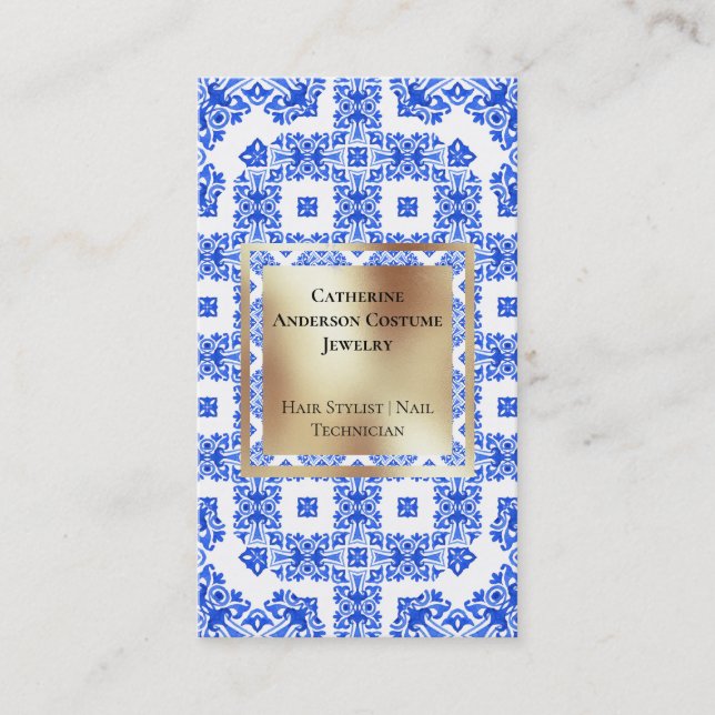 Modern blue white tiles gold square mediterranean business card (Front)