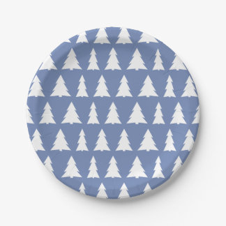 Modern Blue White Tree Pattern Holiday Party Paper Plates