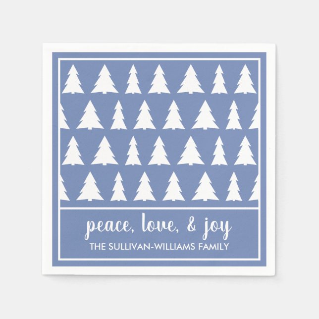 Modern Blue White Tree Pattern Name Holiday Party Napkins (Front)