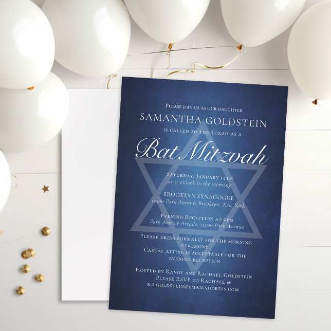 Modern Blue White Typography Formal Bat Mitzvah Invitation (Creator Uploaded)