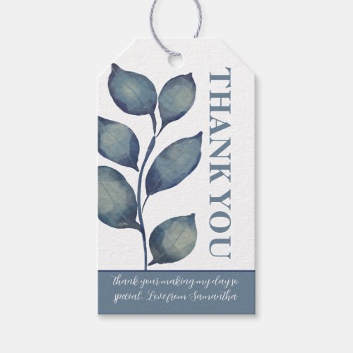Modern Blue  White Watercolor Foliage Thank You Gift Tags