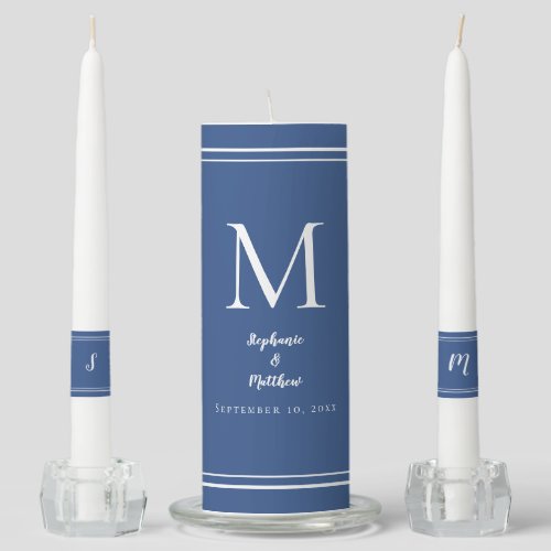 Modern Blue  White Wedding Ceremony Bride Groom Unity Candle Set