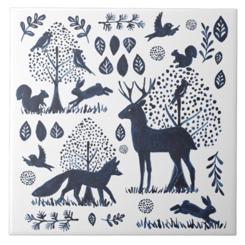 Modern Blue  White Woodland Animal Fox Rabbit Ceramic Tile