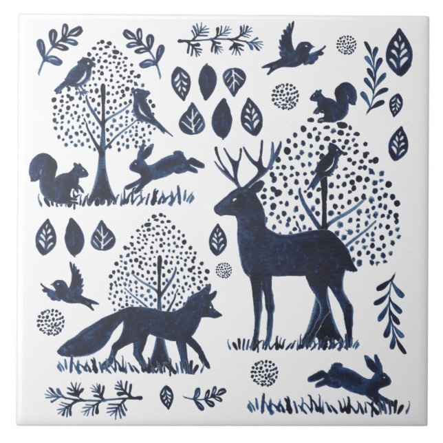 Modern Blue & White Woodland Animal Fox Rabbit Ceramic Tile (Front)