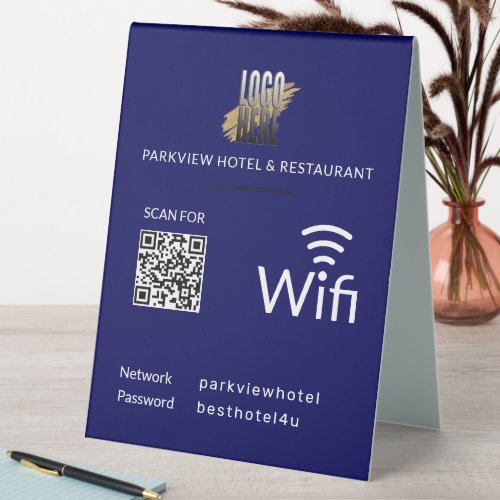 Modern Blue Wifi QR Code and Your Business Logo Table Tent Sign