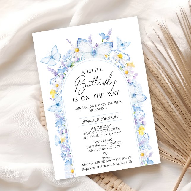 Modern Blue Wildflower Butterfly Baby Shower Invitation (Modern Blue Wildflowers Little Butterfly Baby Shower Invitation, Summer Butterfly Themed Baby Shower)