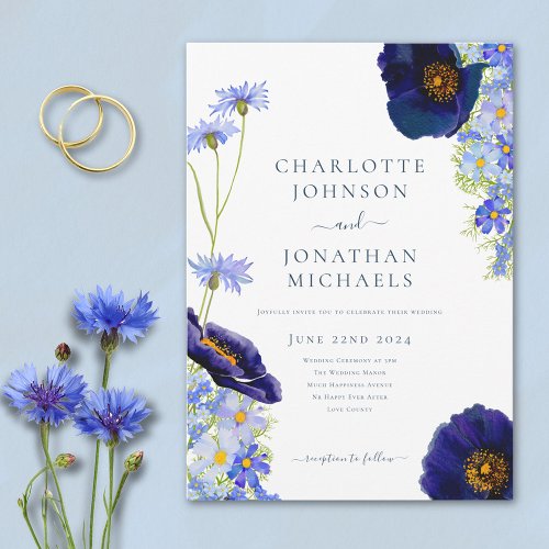 Modern Blue Wildflower Watercolor Rustic Wedding Invitation