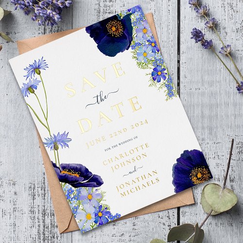 Modern Blue Wildflower Watercolor Wedding Gold Foil Invitation Postcard