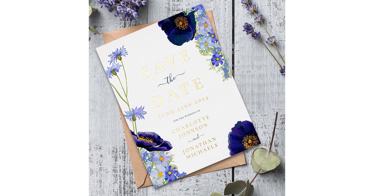 Modern Blue Wildflower Watercolor Wedding Gold Foil Invitation Postcard ...