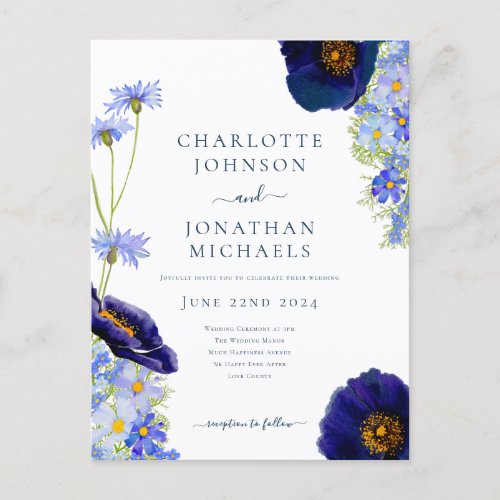Modern Blue Wildflower Watercolor Wedding Invitation Postcard