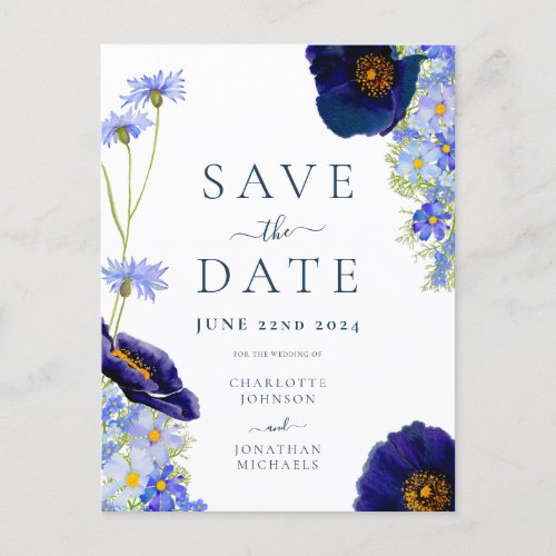Modern Blue Wildflower Watercolor Wedding Invitation Postcard