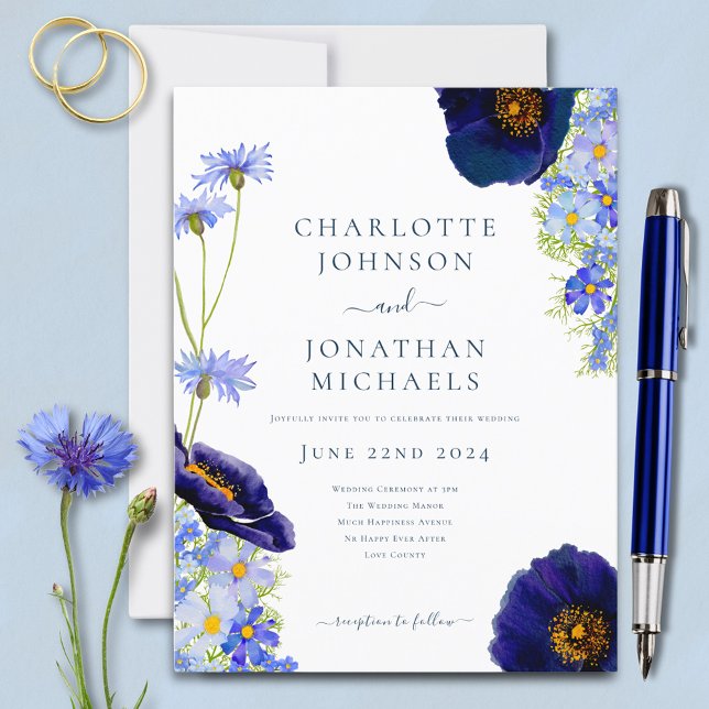 Modern Blue Wildflower Watercolor Wedding Invitation Postcard (Boho chic blue wildflower budget wedding invitation postcard )