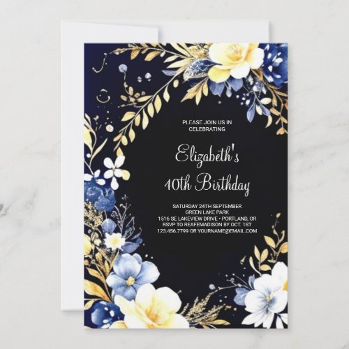 Modern Blue Wildflowers 40th Birthday Invitation