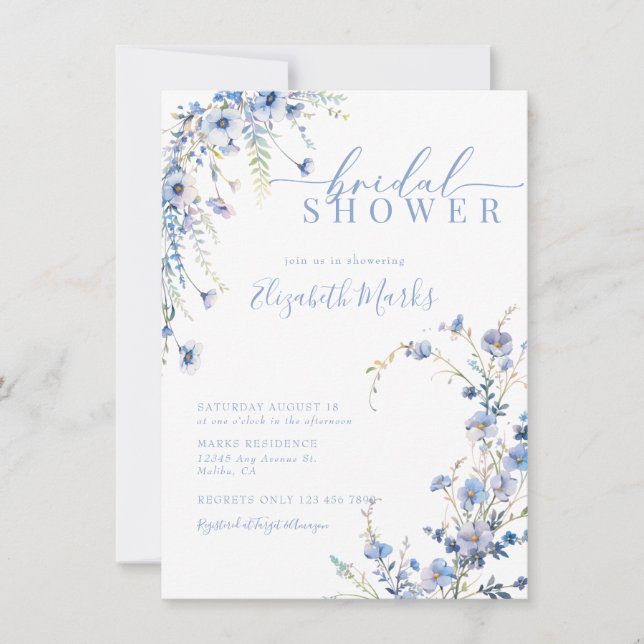 Modern Blue Wildflowers Botanical Bridal Shower  Invitation (Front)
