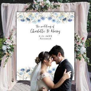 Modern Blue Wildflowers Wedding Photo Backdrop